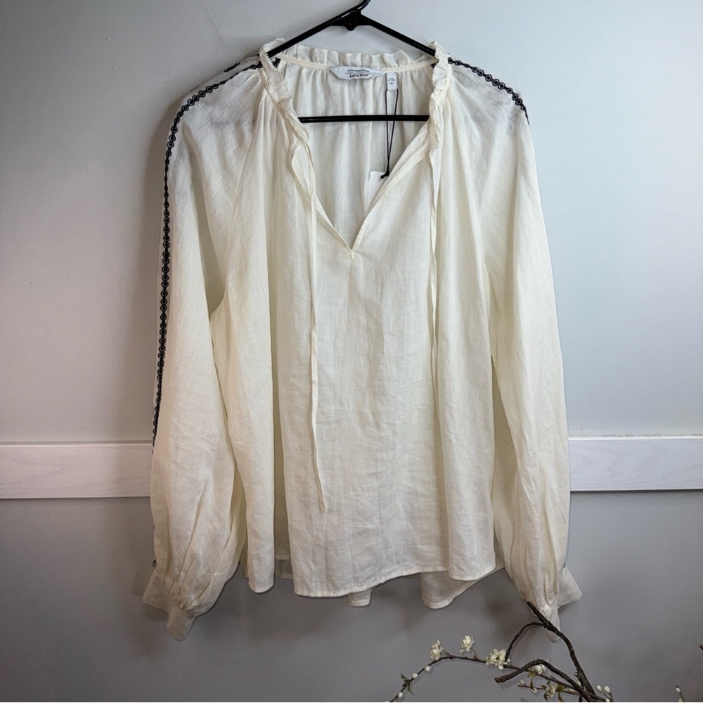 & Other Stories Cream Blouse with Black Embroidered Trim Down Sleeves